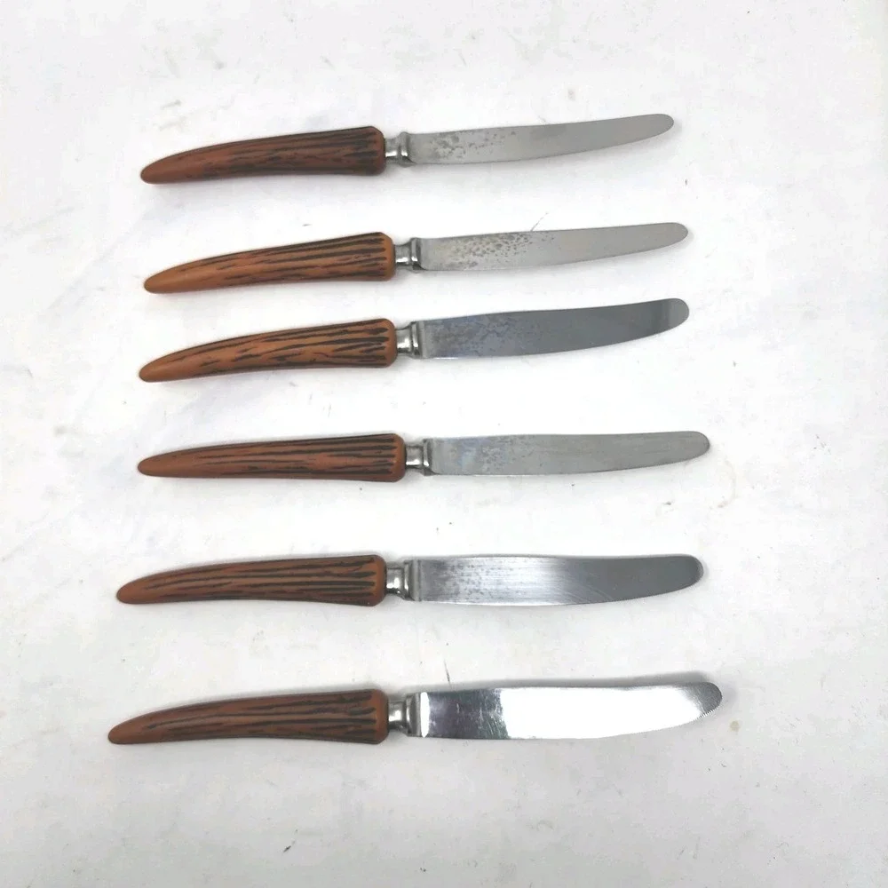E. Parker & Sons 6 Stainless‎ Knives Sheffield England VTG Bakelite Faux Antler